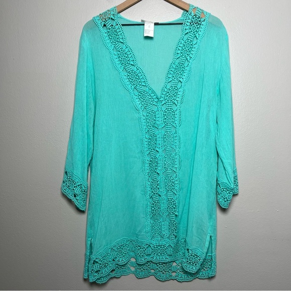 La Blanca Women Dress Medium Green Crochet Lace Cottage Beach Cover Up Summer - Picture 1 of 7
